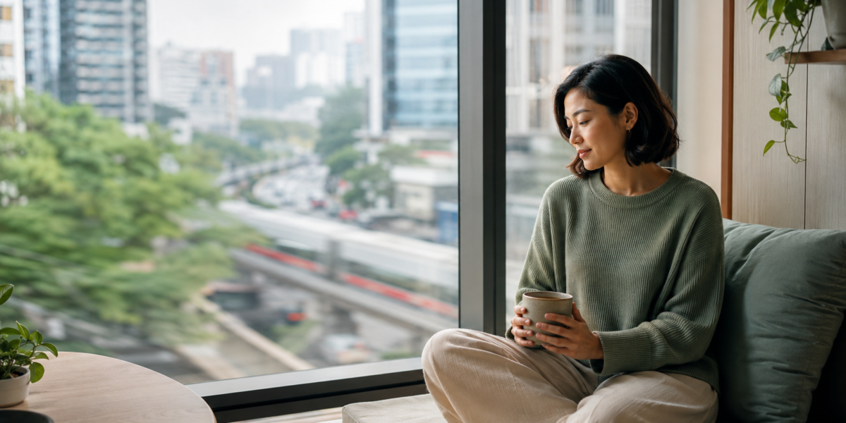 A woman taking a quiet mindful pause beside a window overlooking a busy city