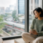 A woman taking a quiet mindful pause beside a window overlooking a busy city