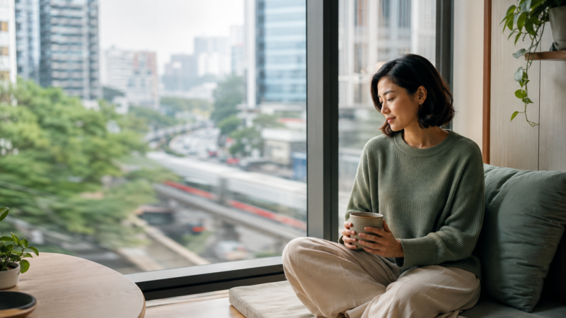 A woman taking a quiet mindful pause beside a window overlooking a busy city